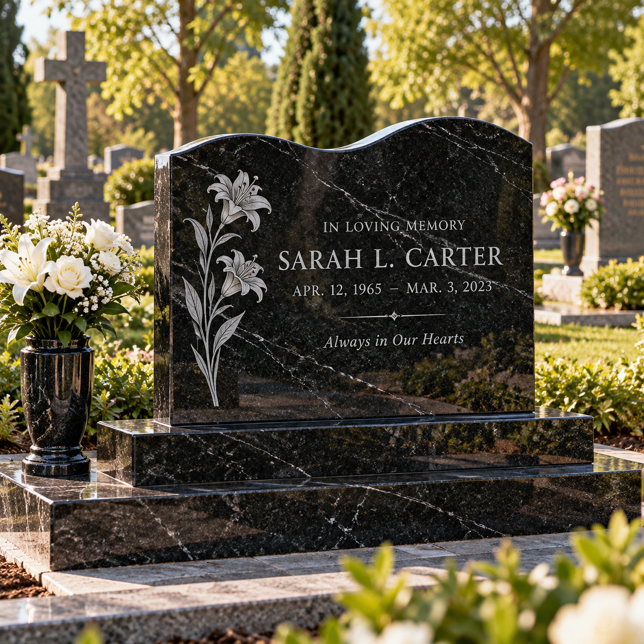 Granite headstone with a serpentine top on a base