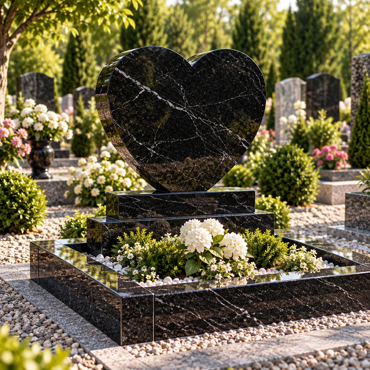 Heart shaped granite headstone polished all round on a rectangular base