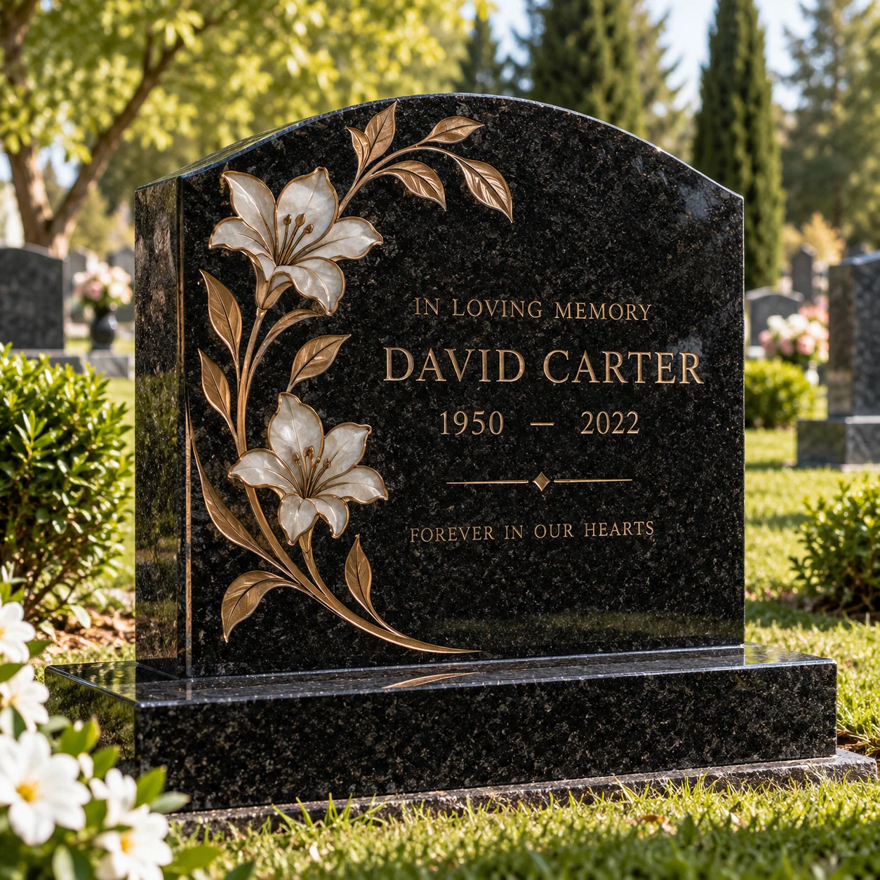 Granite memorial with bronze and semi-precious stone inlay