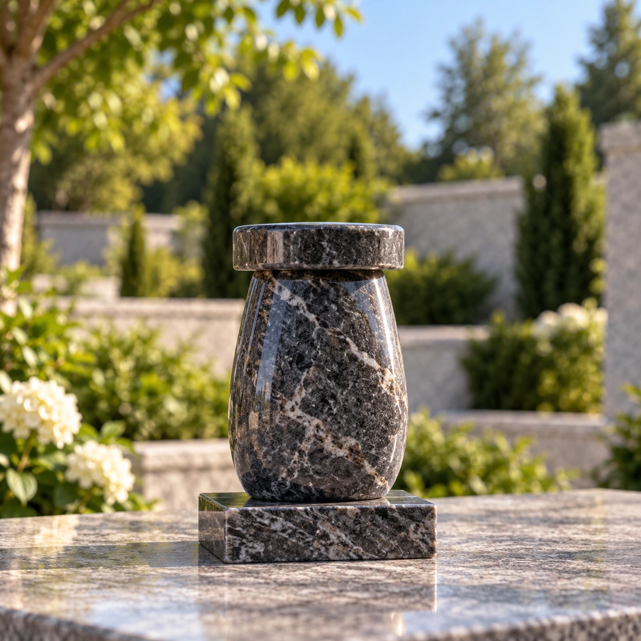 Small granite keepsake urn with a polished finish