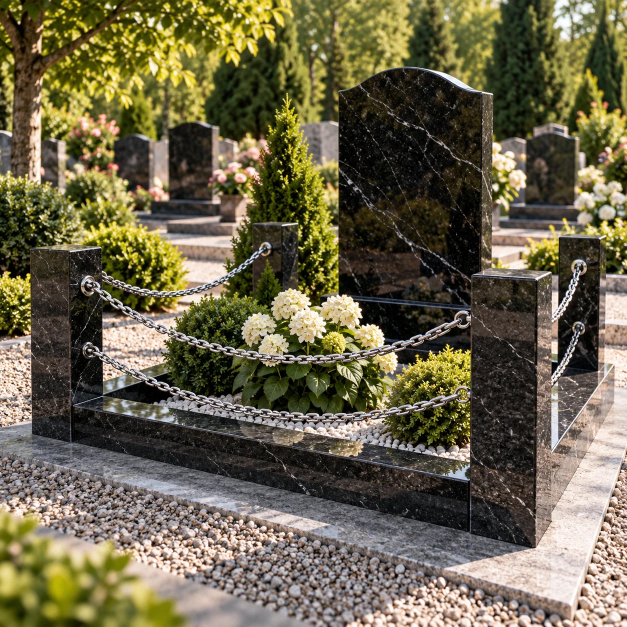 Granite corner posts with a chain run between them around a grave