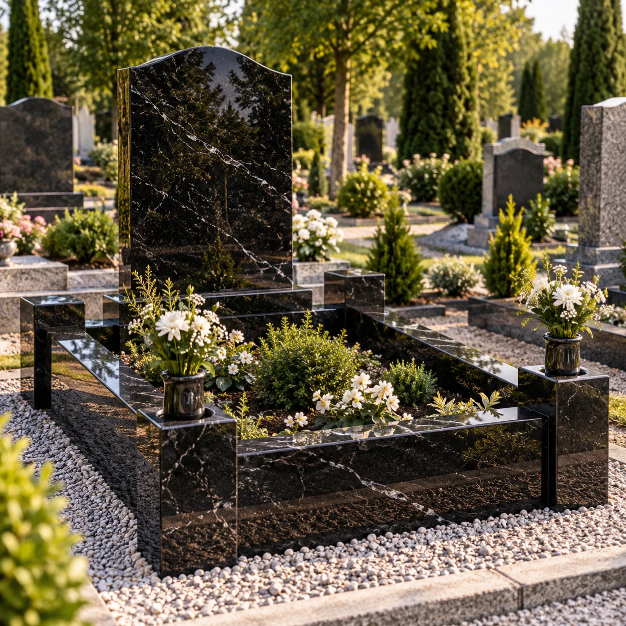 Granite kerb set with vase recesses cut into the kerb