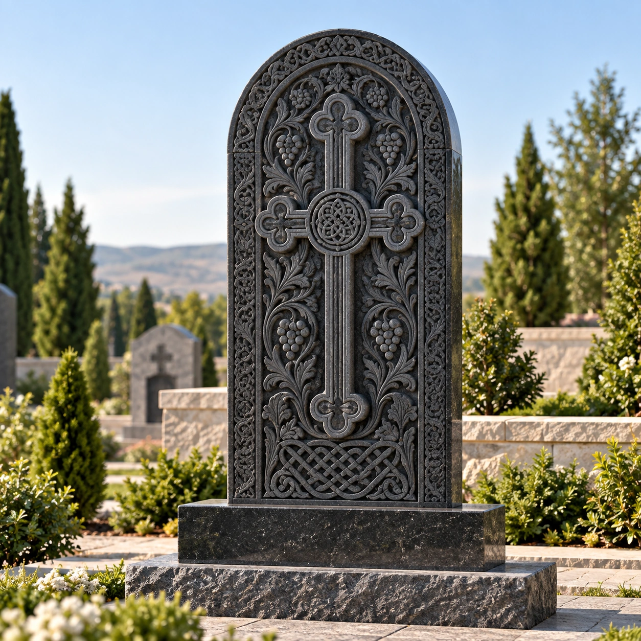 Carved Armenian khachkar cross stone in black granite