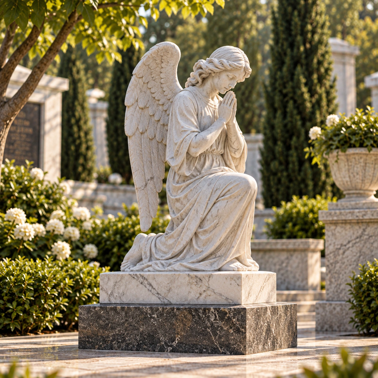 Carved granite kneeling angel leaning against a memorial stone