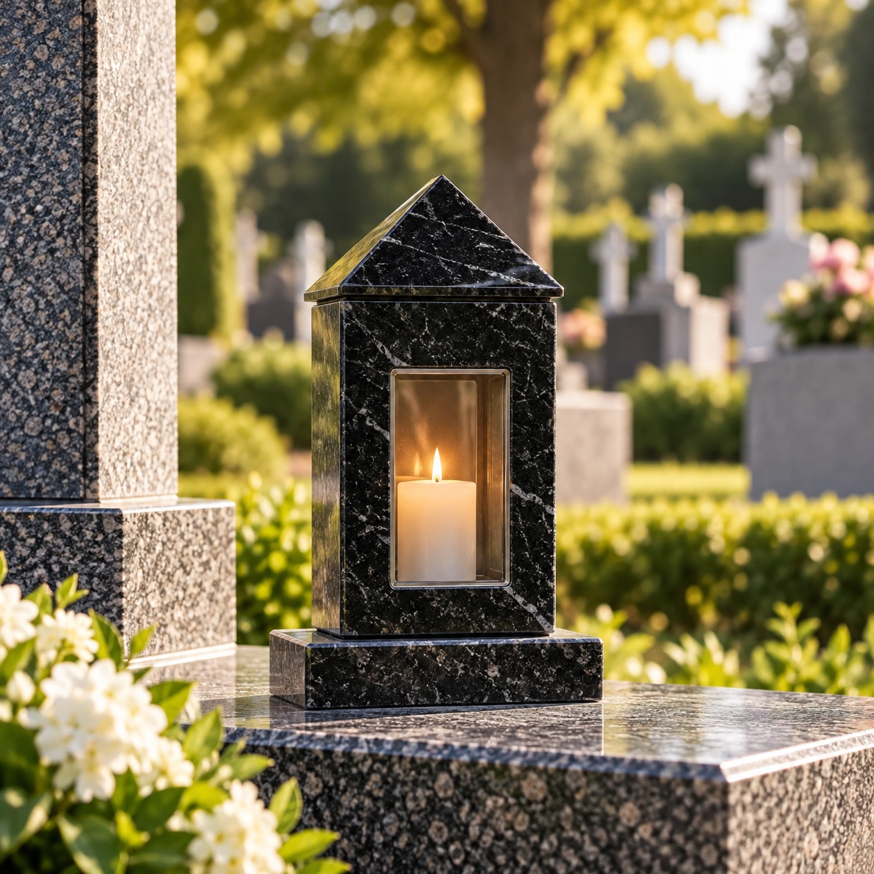 Granite memorial lantern box with a cut roof and glazed opening