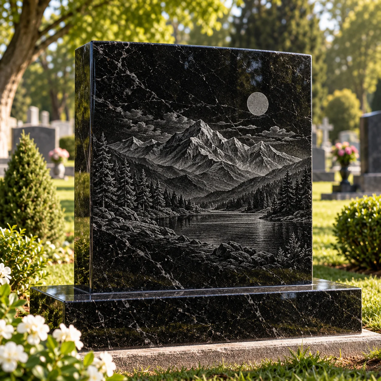 Three-dimensional laser engraved scene on a granite memorial