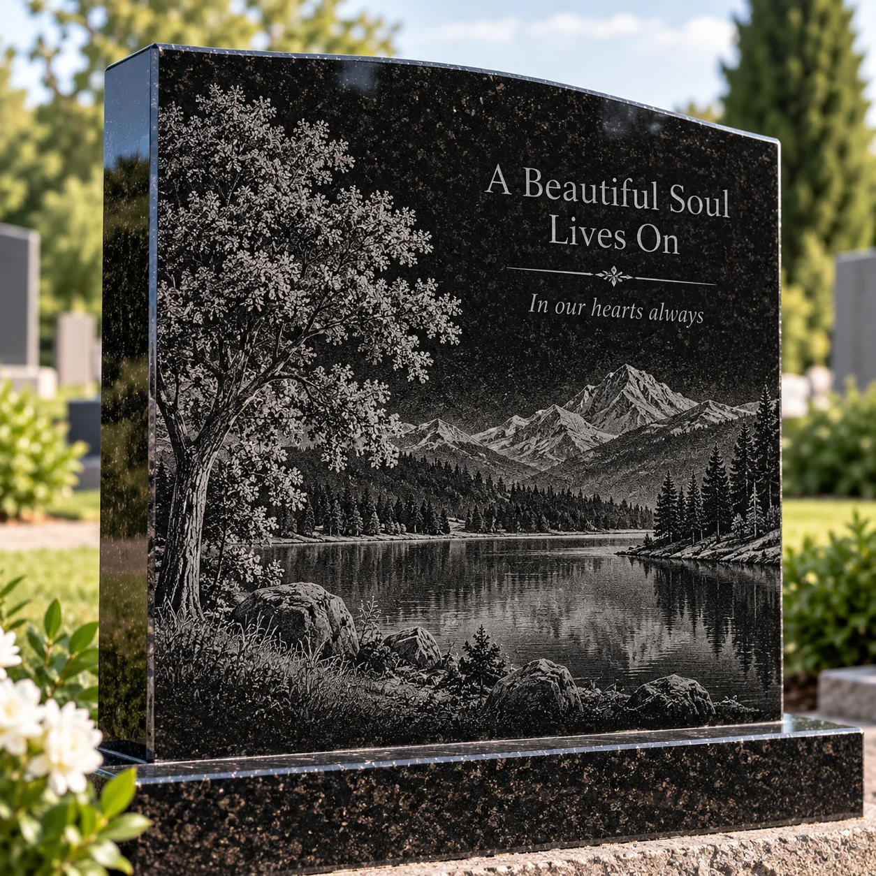 Laser engraved landscape scene on a granite memorial