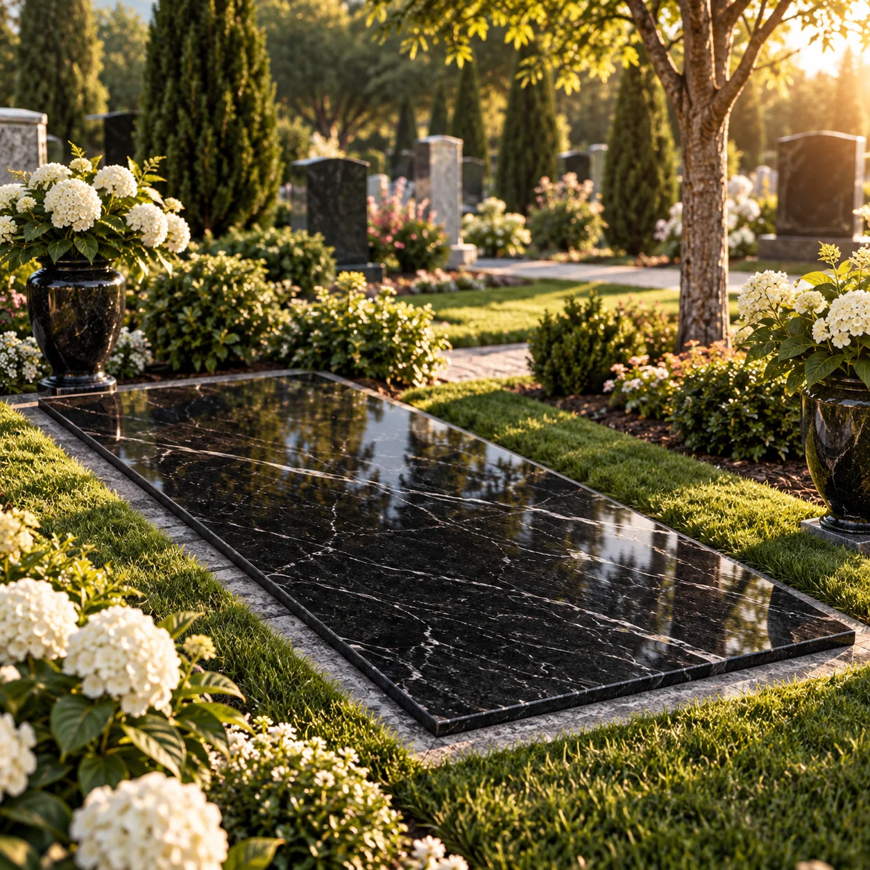 Granite ledger stone covering the full length of the grave