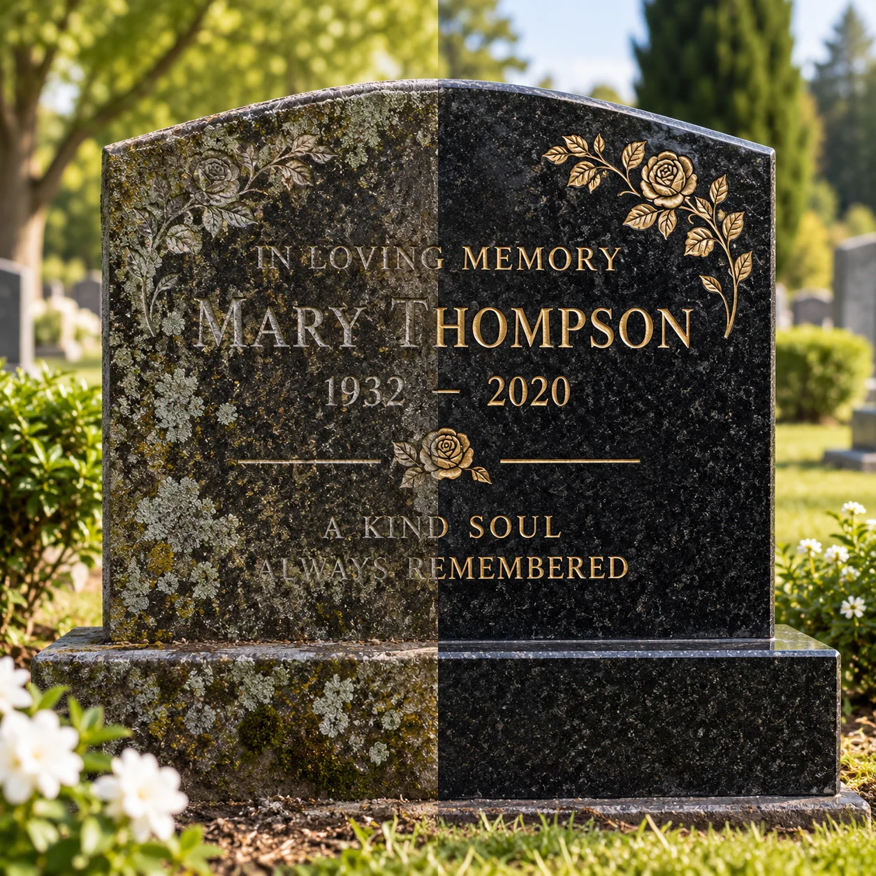 Restored and repainted lettering on an older granite memorial