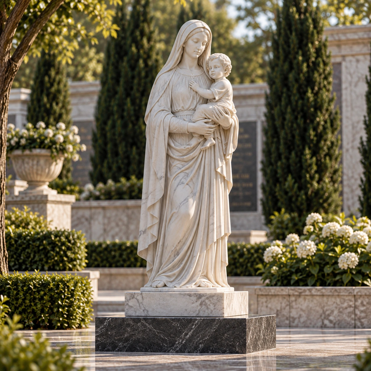 Carved granite Madonna figure with draped robes on a plinth