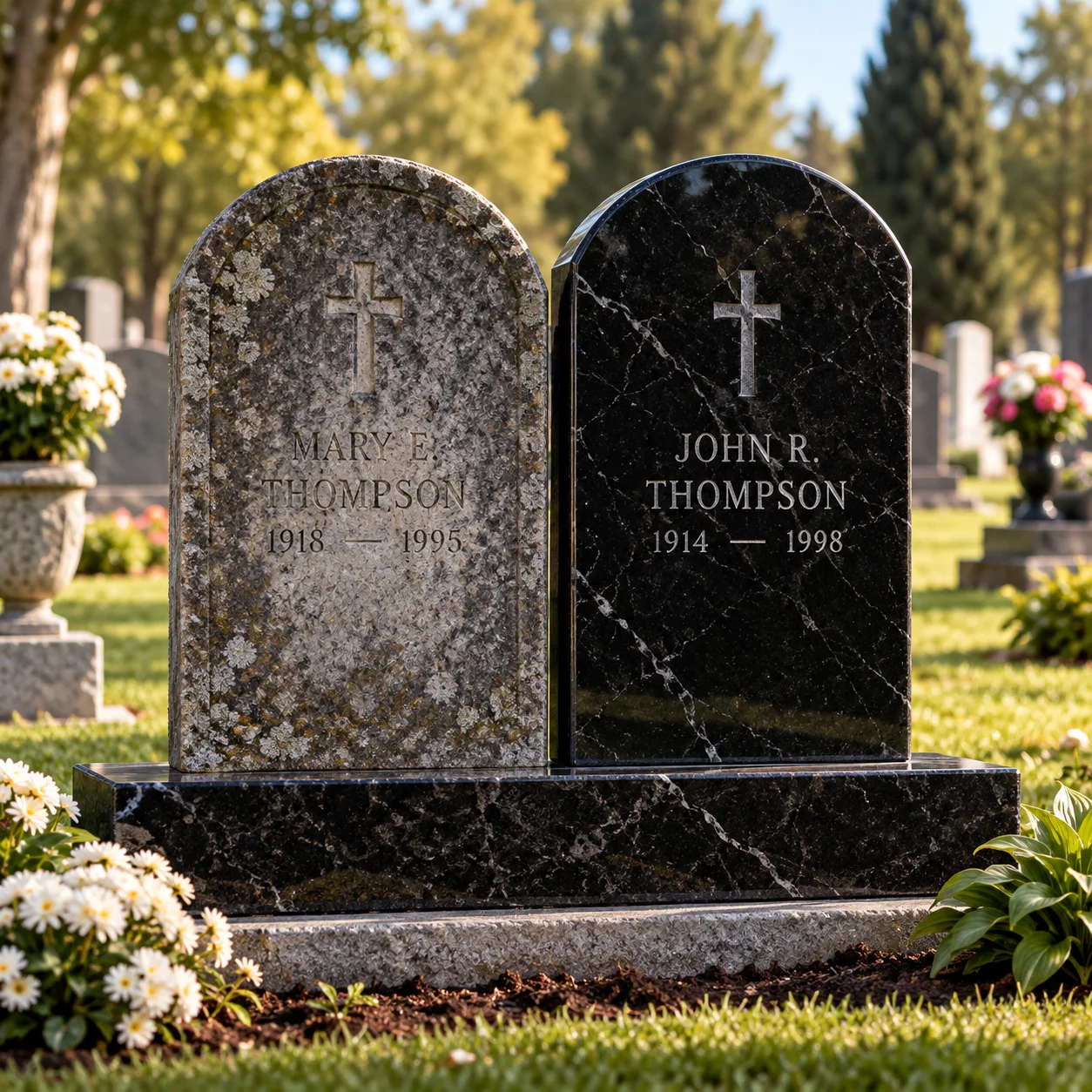 New granite memorial cut to match an existing older headstone