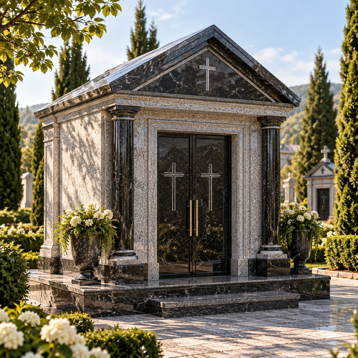 Private granite family mausoleum with a pediment roof