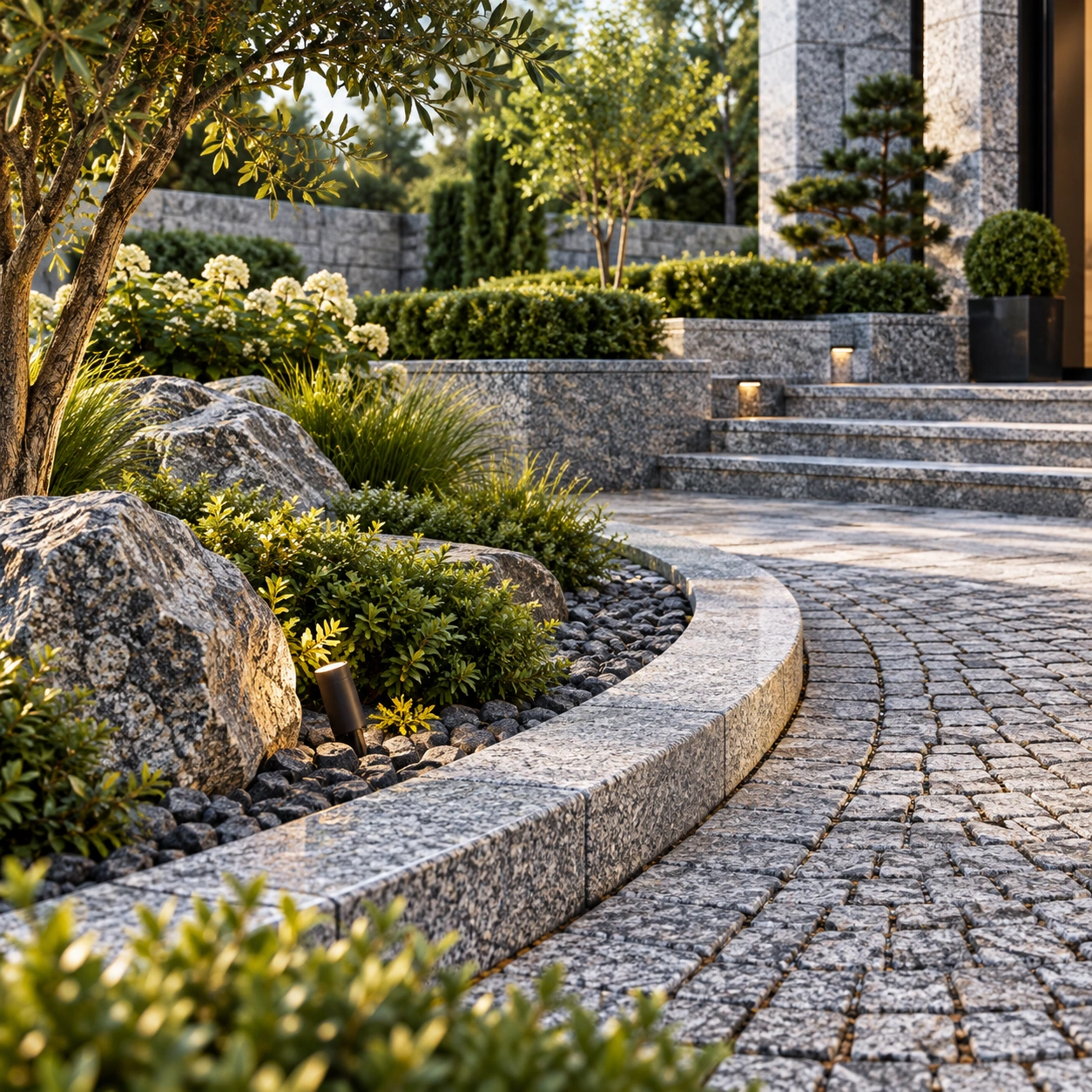 Granite landscaping with kerbs and cobbles