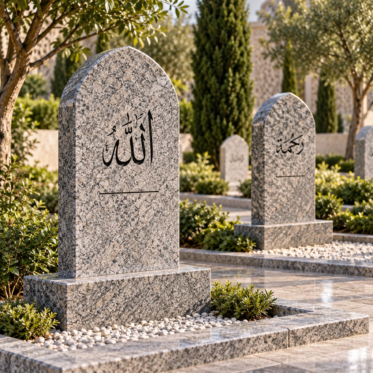 Simple granite grave markers with Arabic lettering