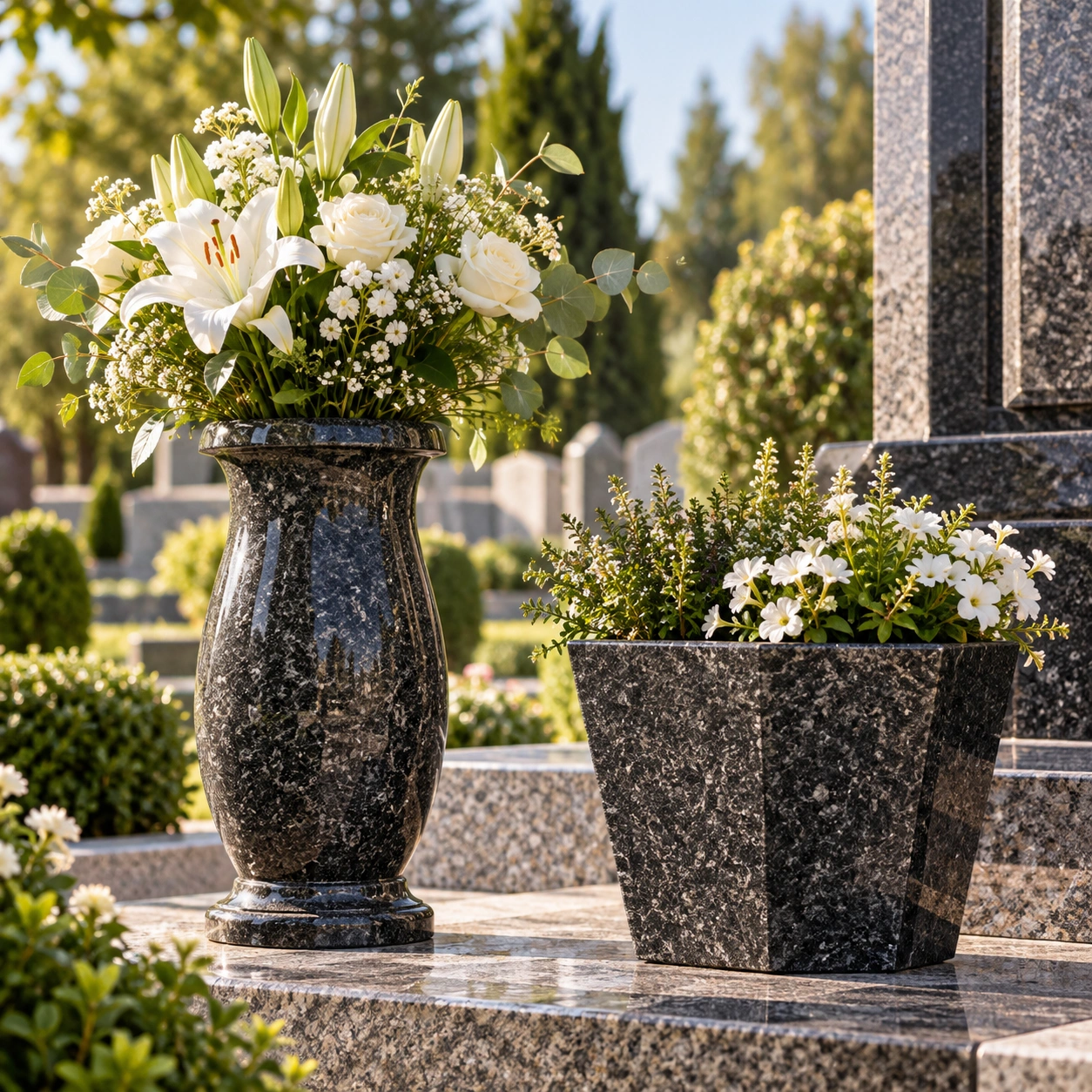 Granite memorial vases and flowerpots for a grave plot