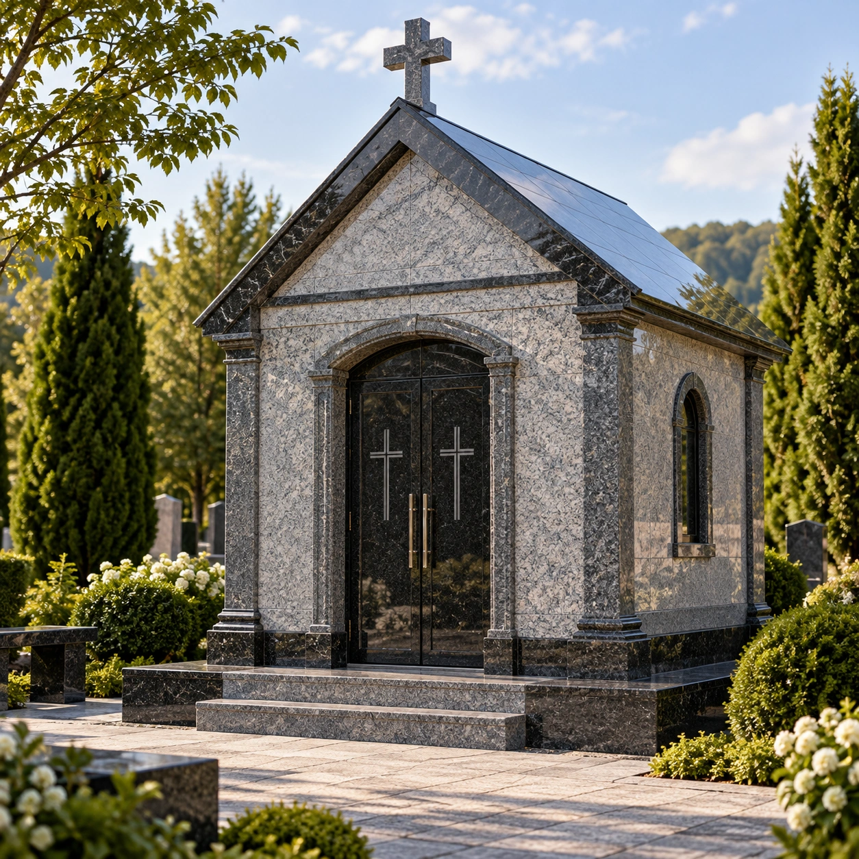 Granite memorial chapel with columns and carved portal