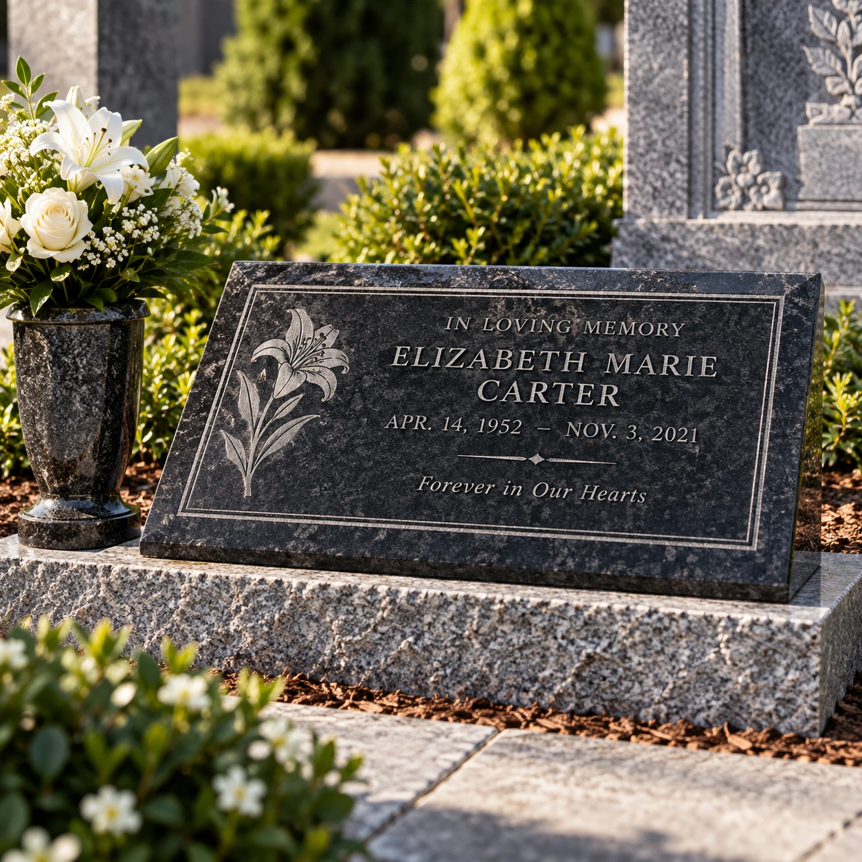 Engraved granite memorial plaque with Cyrillic lettering