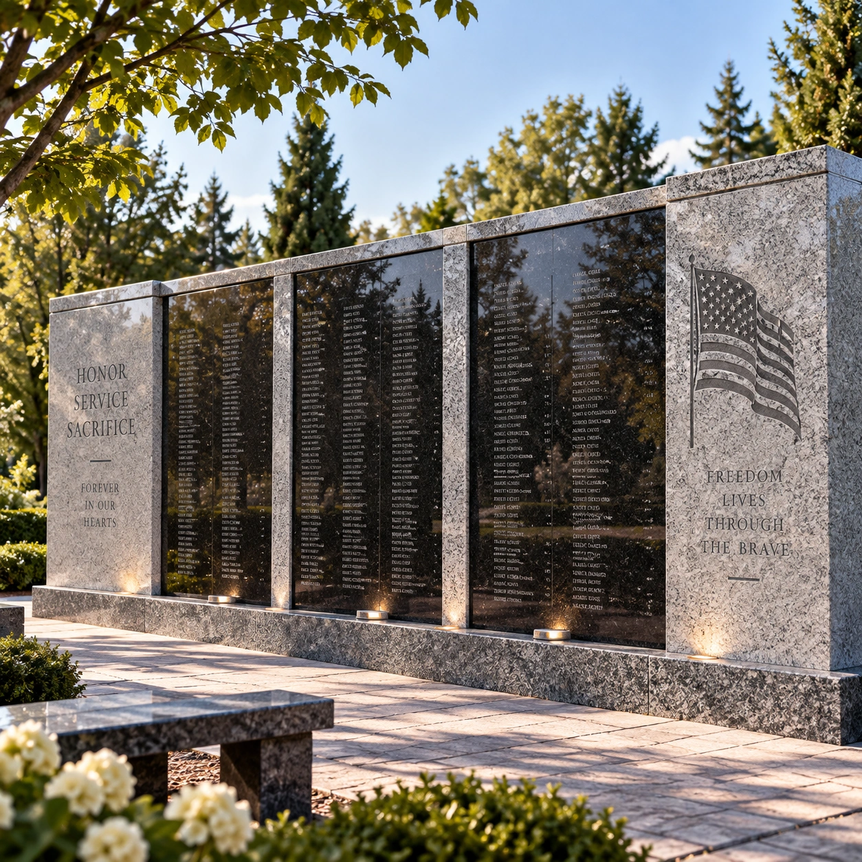 Granite memorial name wall with engraved names