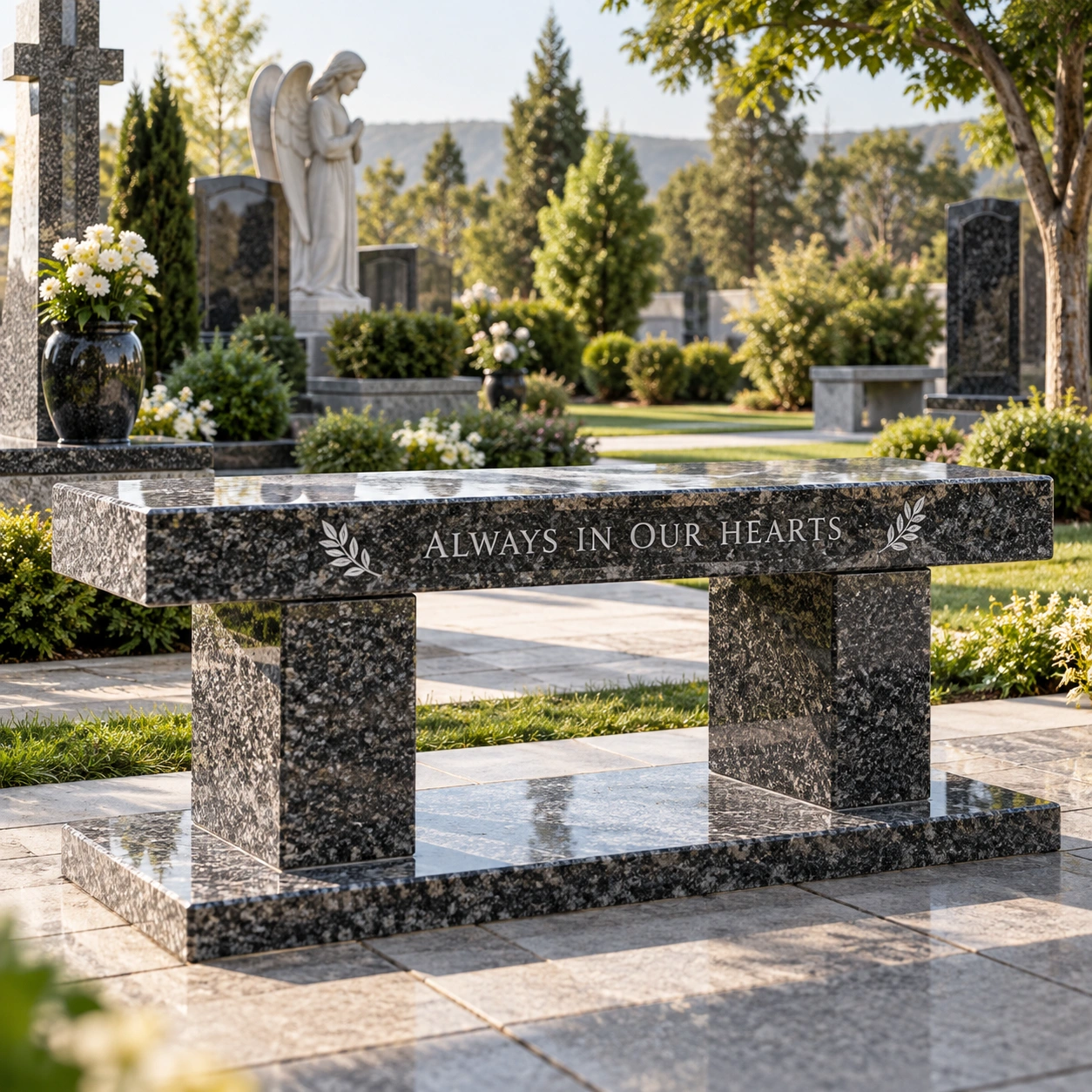 Granite memorial bench with an inscribed seat