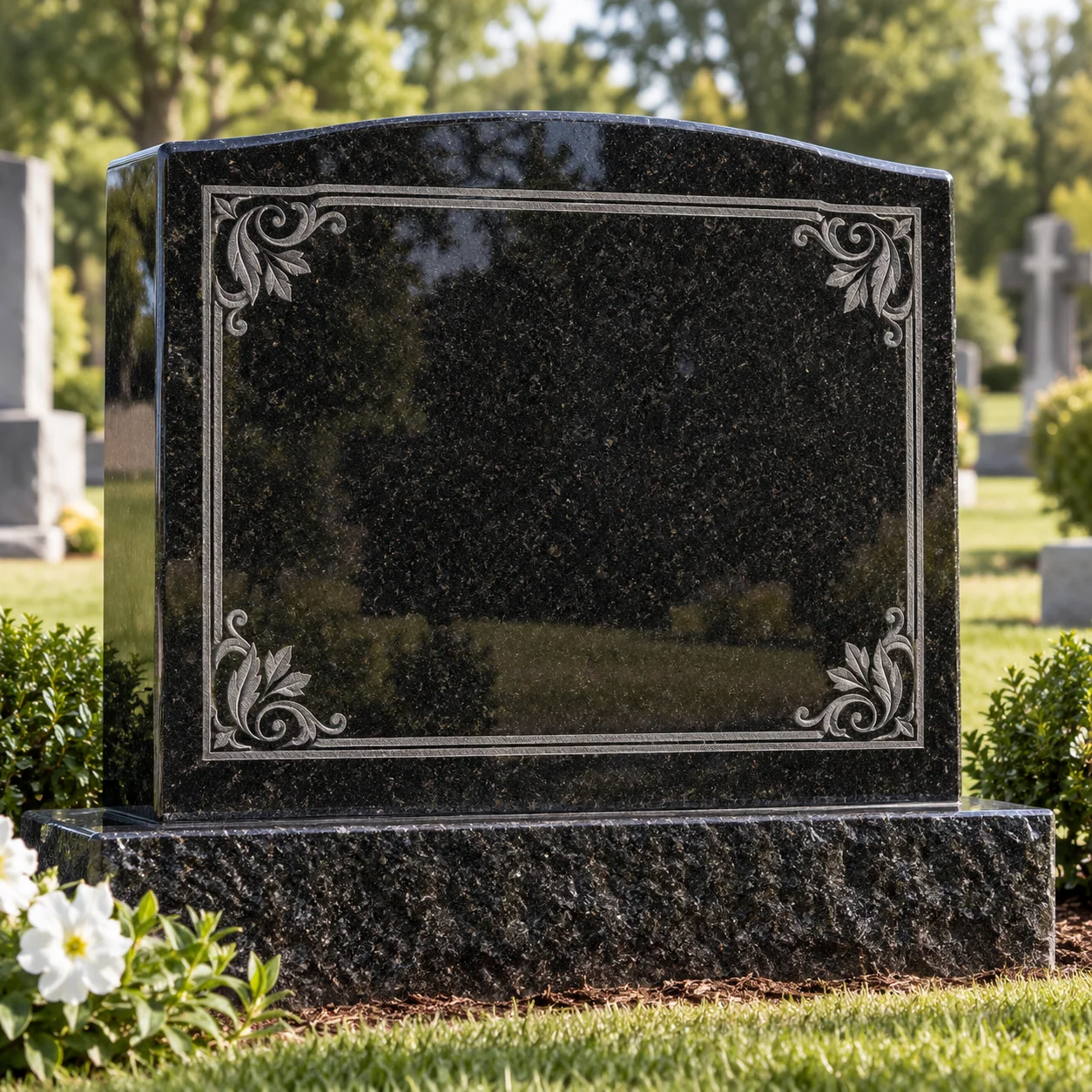 Carved decorative border and ornament on a granite memorial