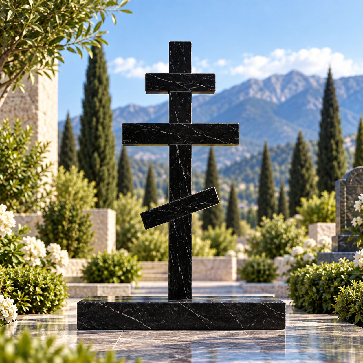 Eight-pointed Orthodox granite cross with titulus and slanted foot bar