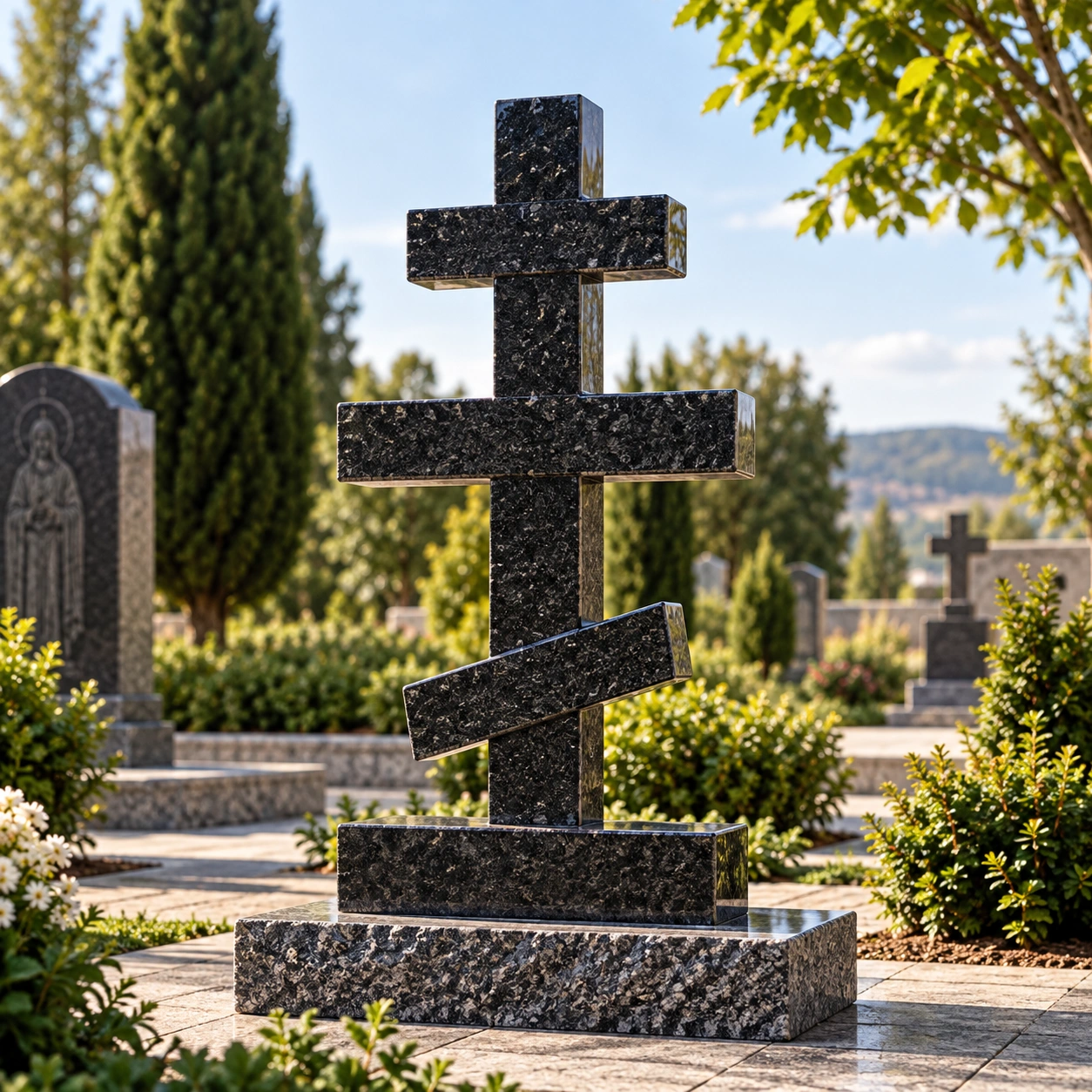 Eight-pointed Orthodox granite cross with slanted foot bar