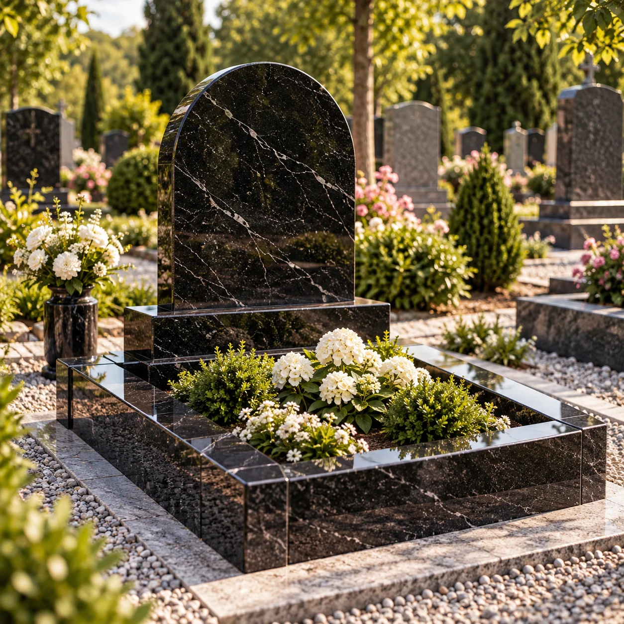 Oval top granite headstone with a half-round head on a polished base