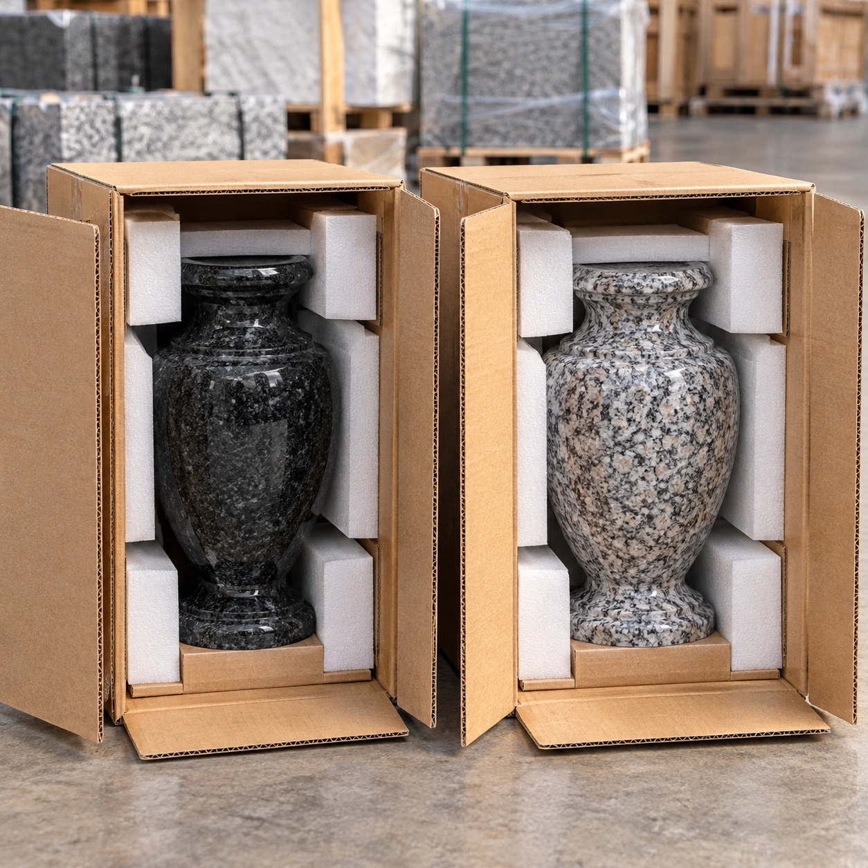 Granite vases individually boxed in cartons