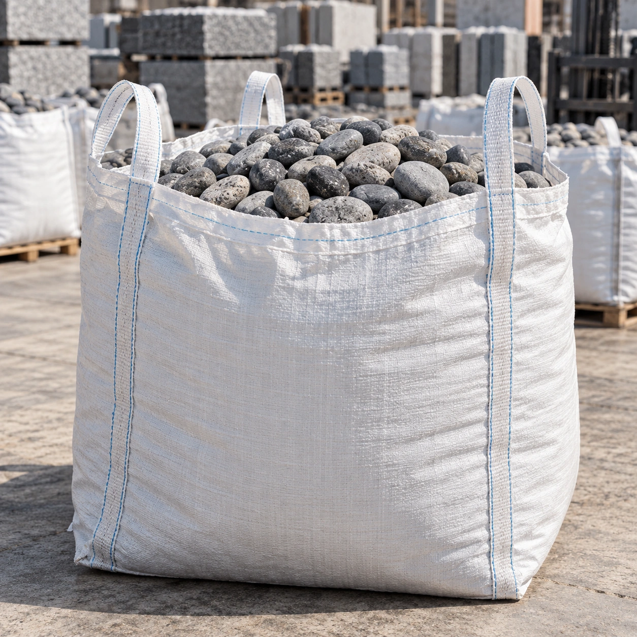 Jumbo bag filled with graded river pebbles