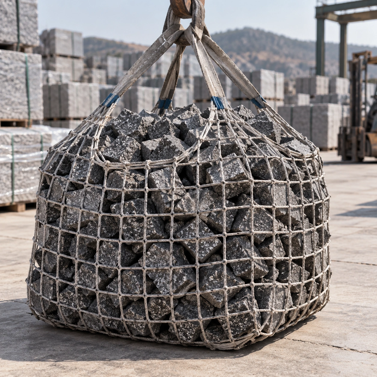 Granite cobbles held in a mesh net for handling