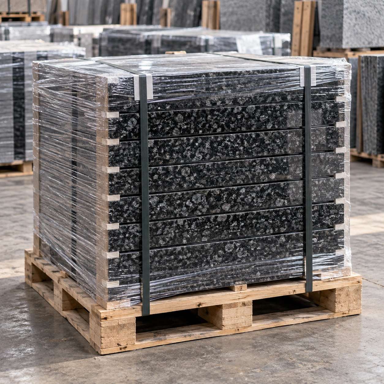 Granite tiles stacked on a shrink-wrapped pallet