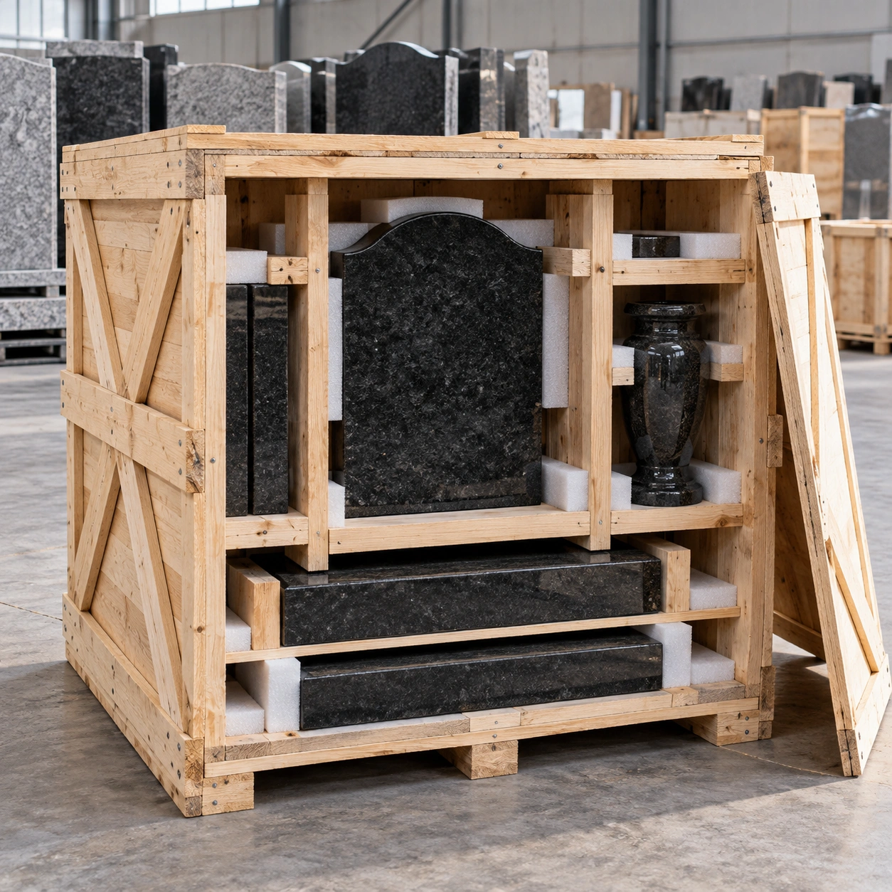 Fumigated wooden crate packed with granite monuments