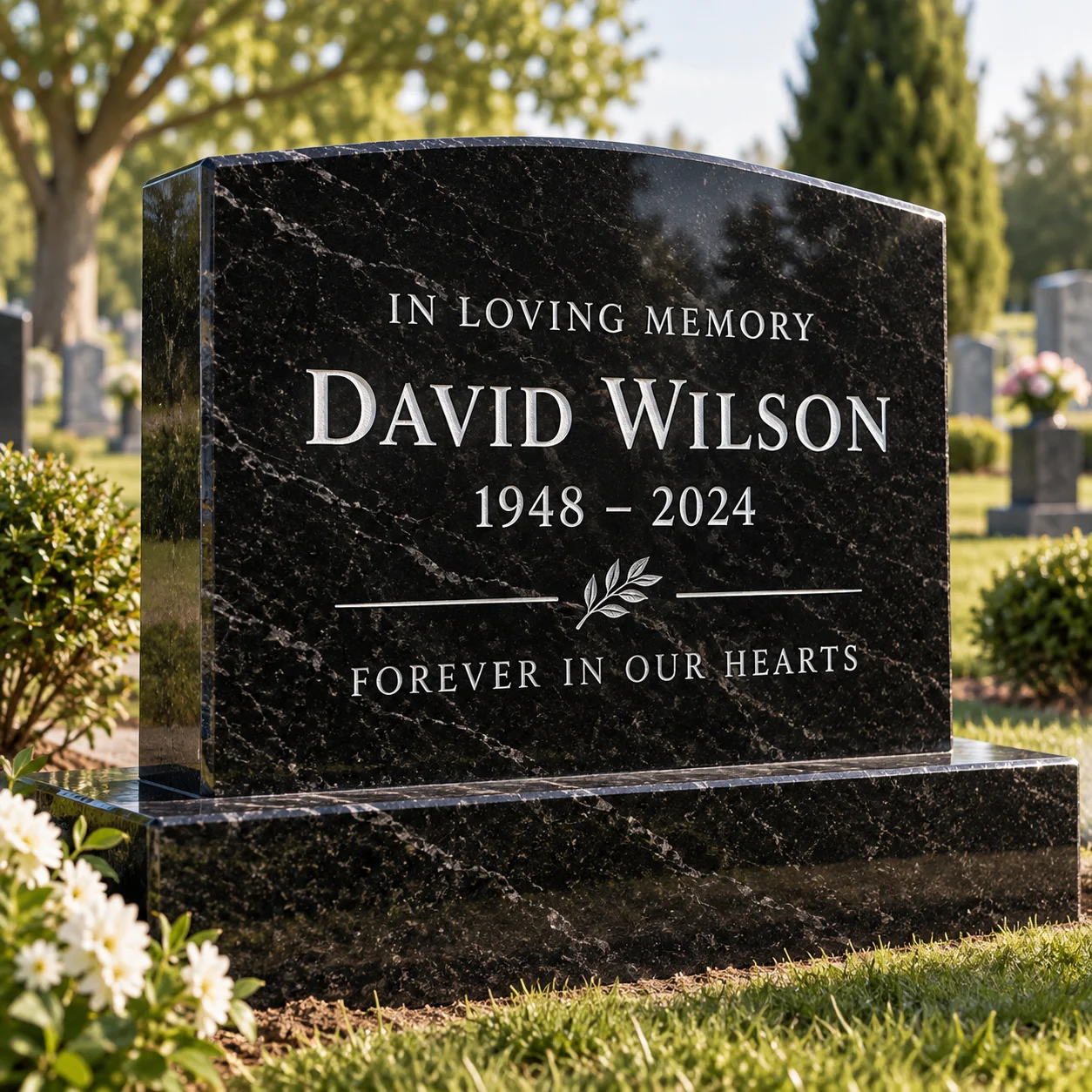 White painted lettering filled into a sandblasted granite memorial