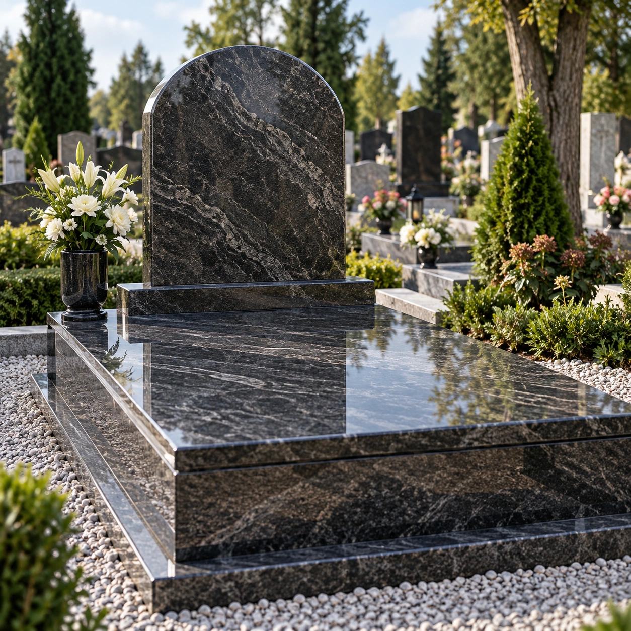 Polish memorial style in granite — full cover over the grave