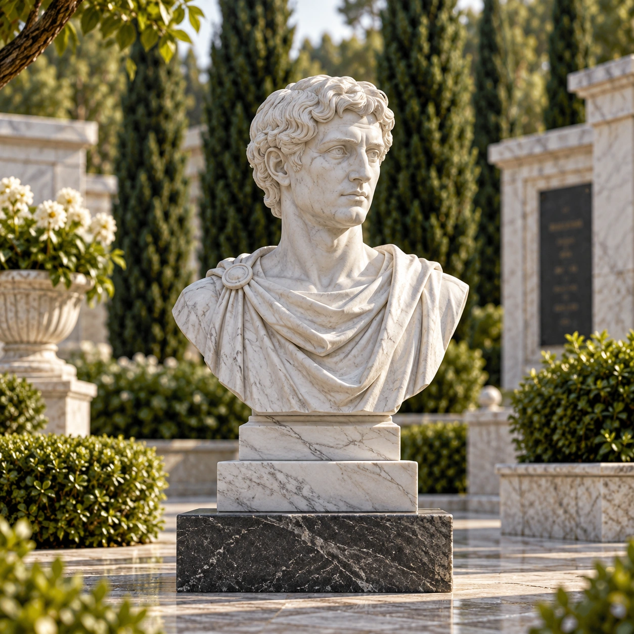 Carved granite portrait bust on a plinth