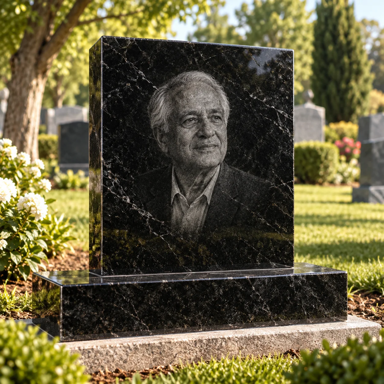 Etched portrait on a polished black granite memorial