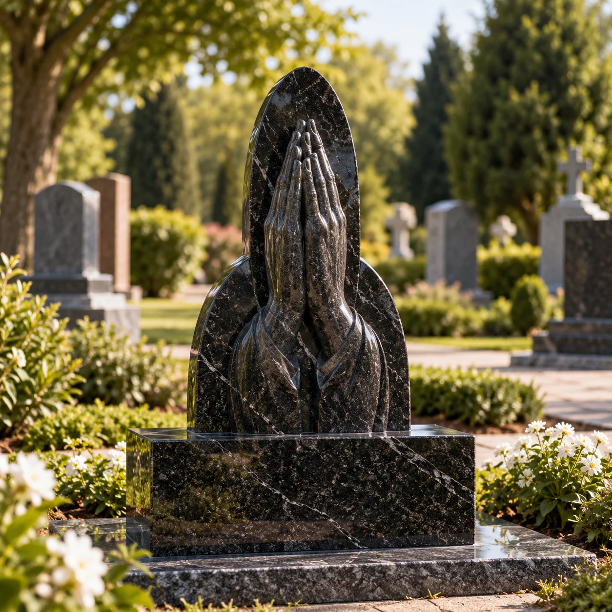 Carved granite praying hands on a polished base