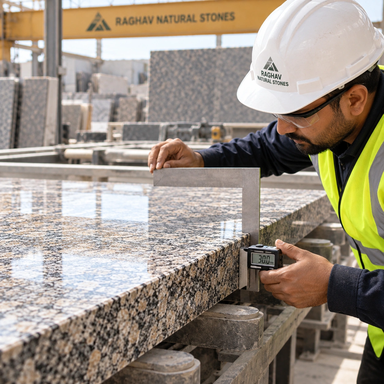 Granite tile thickness and squareness being measured on the calibration line