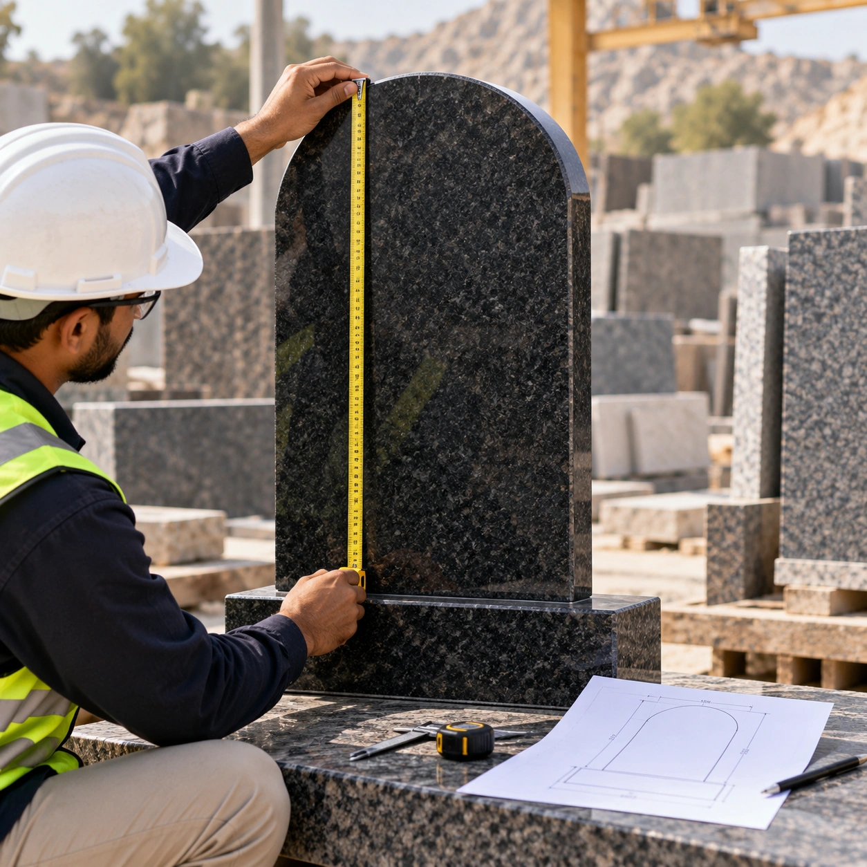 Finished granite monument being measured against its production drawing