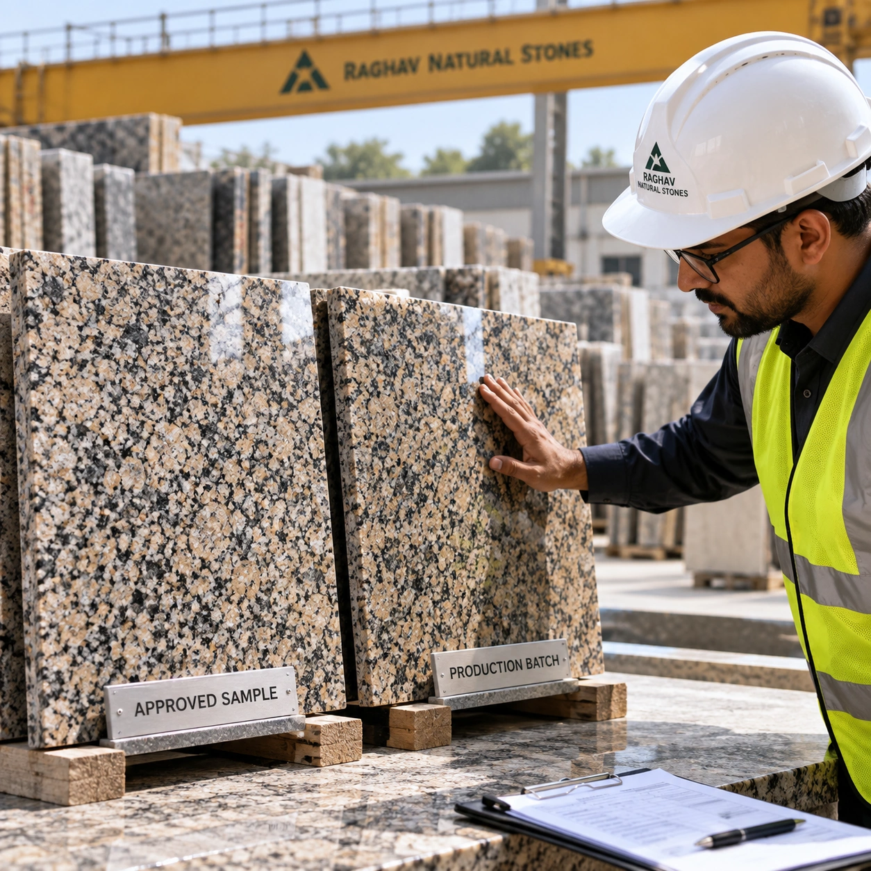 A production batch of polished granite laid beside the approved sample for comparison
