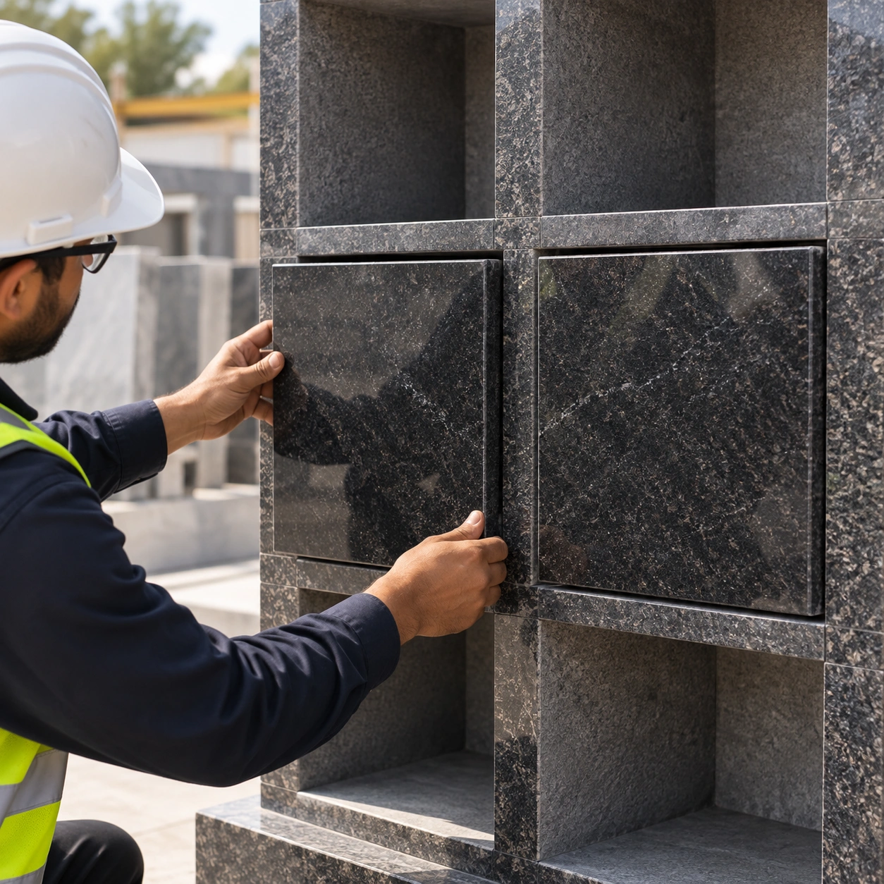 Granite niche fronts being trial-fitted to their own openings before crating