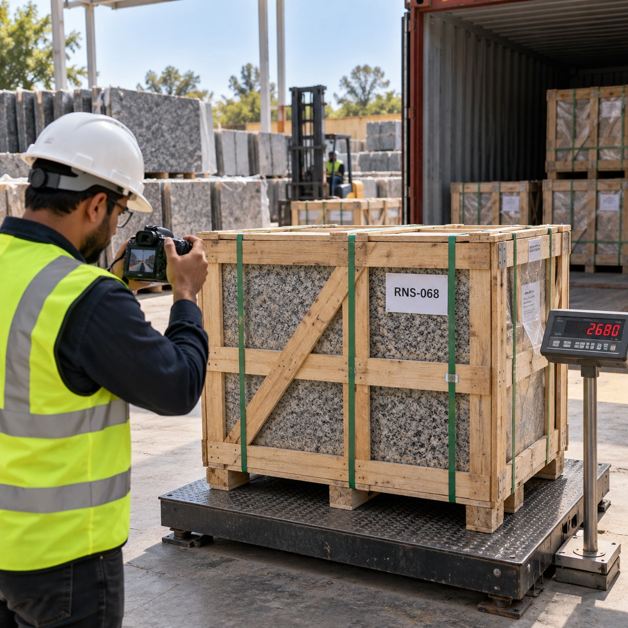 Numbered granite crates being weighed and photographed before the container is sealed