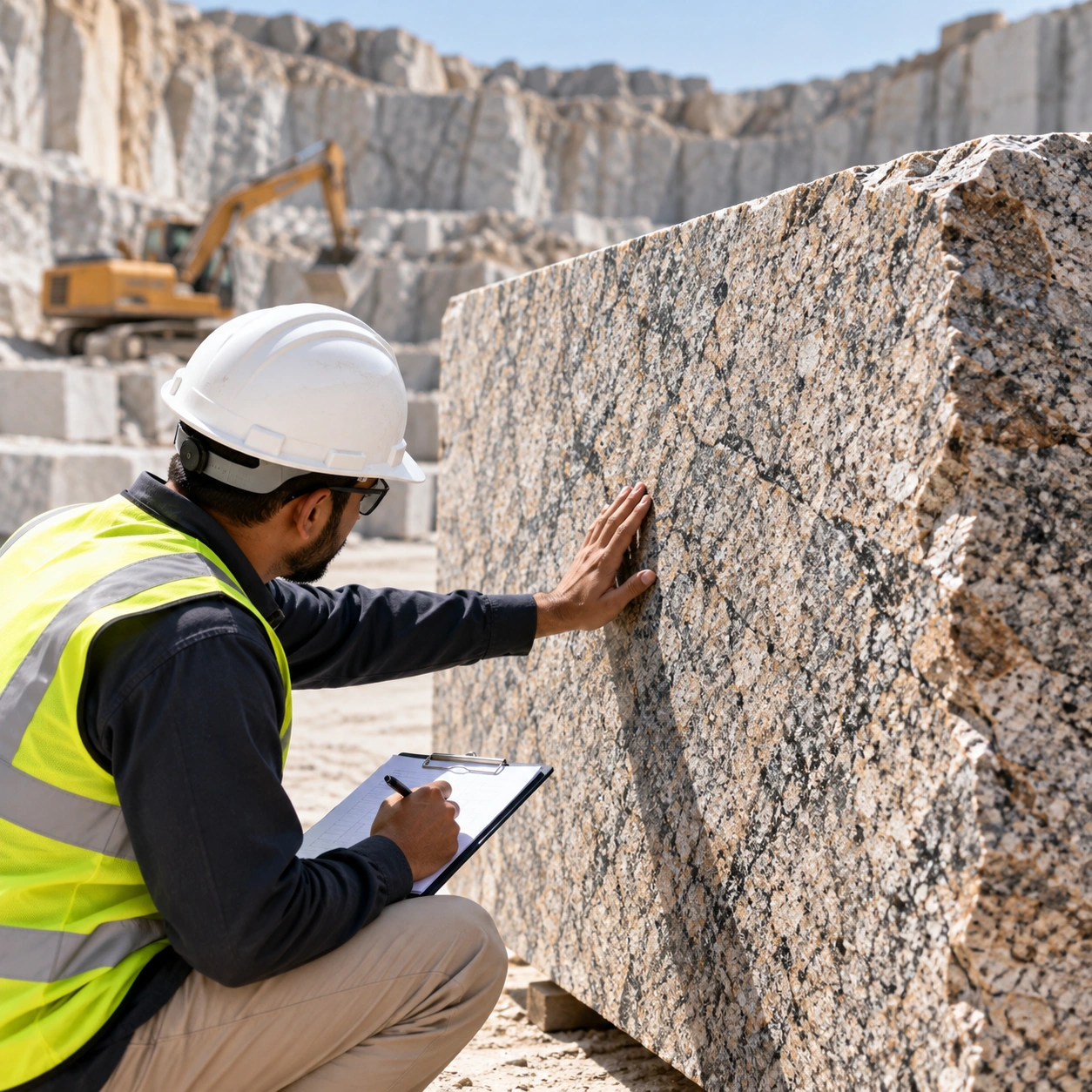 Quarry worker checking a granite block at the face for shade, grain and seams before it is moved
