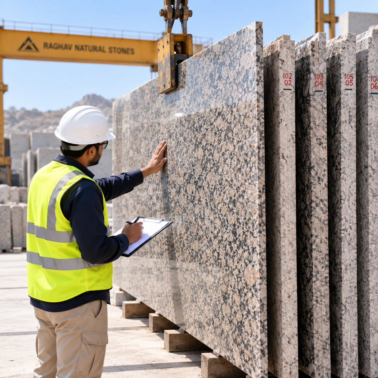 Granite slabs coming off the gangsaw being checked for shade drift and sequence-numbered