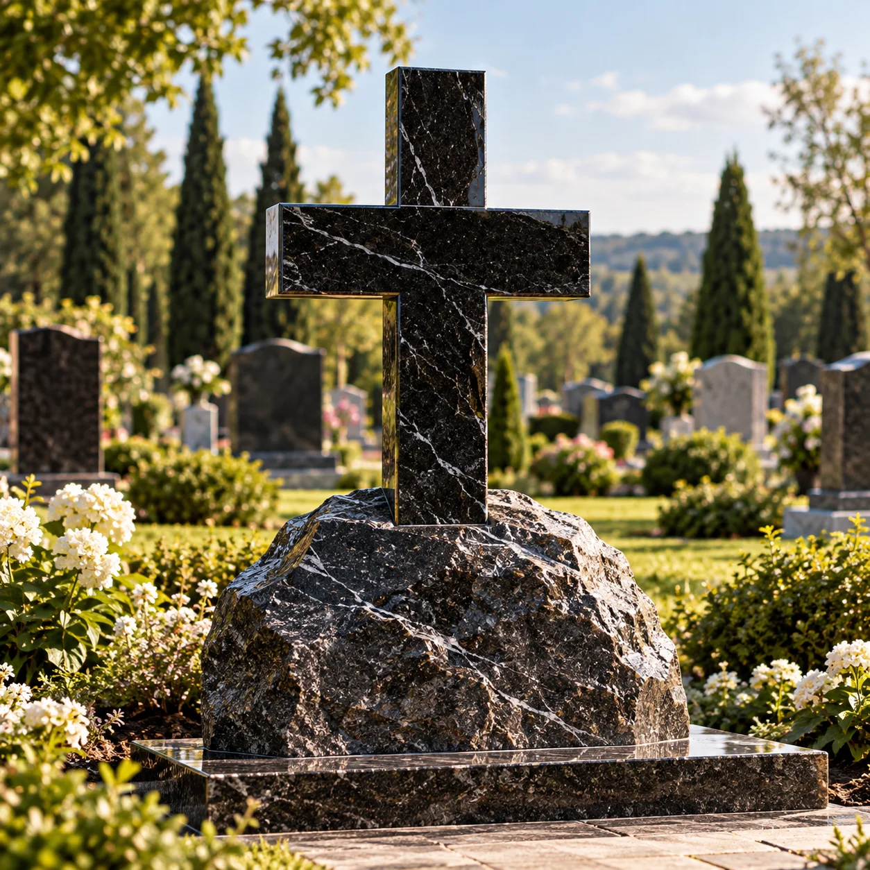 Granite cross set on a rough rock-pitched boulder base