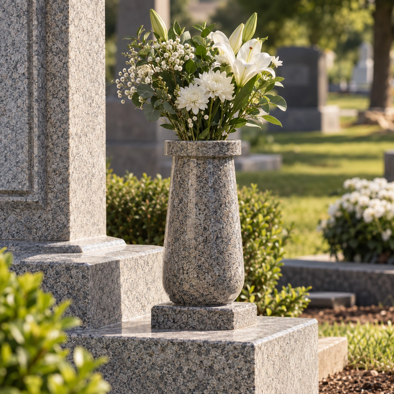 Turned round granite memorial vase, polished, on a square base