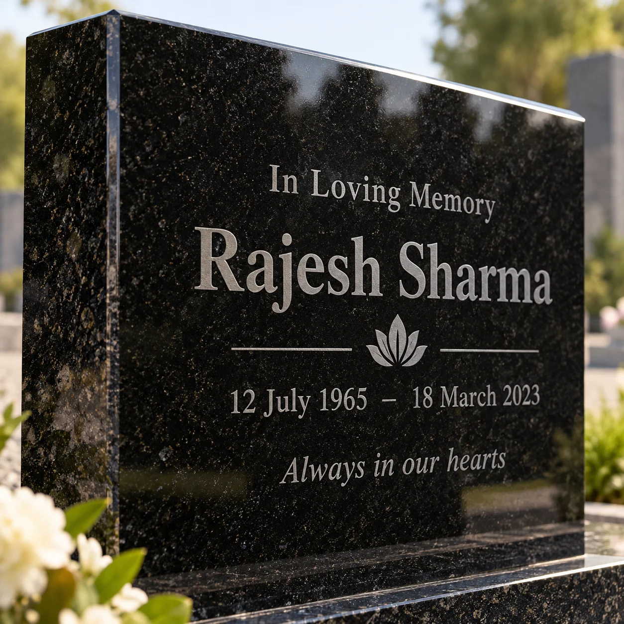 Sandblasted lettering on a polished black granite memorial