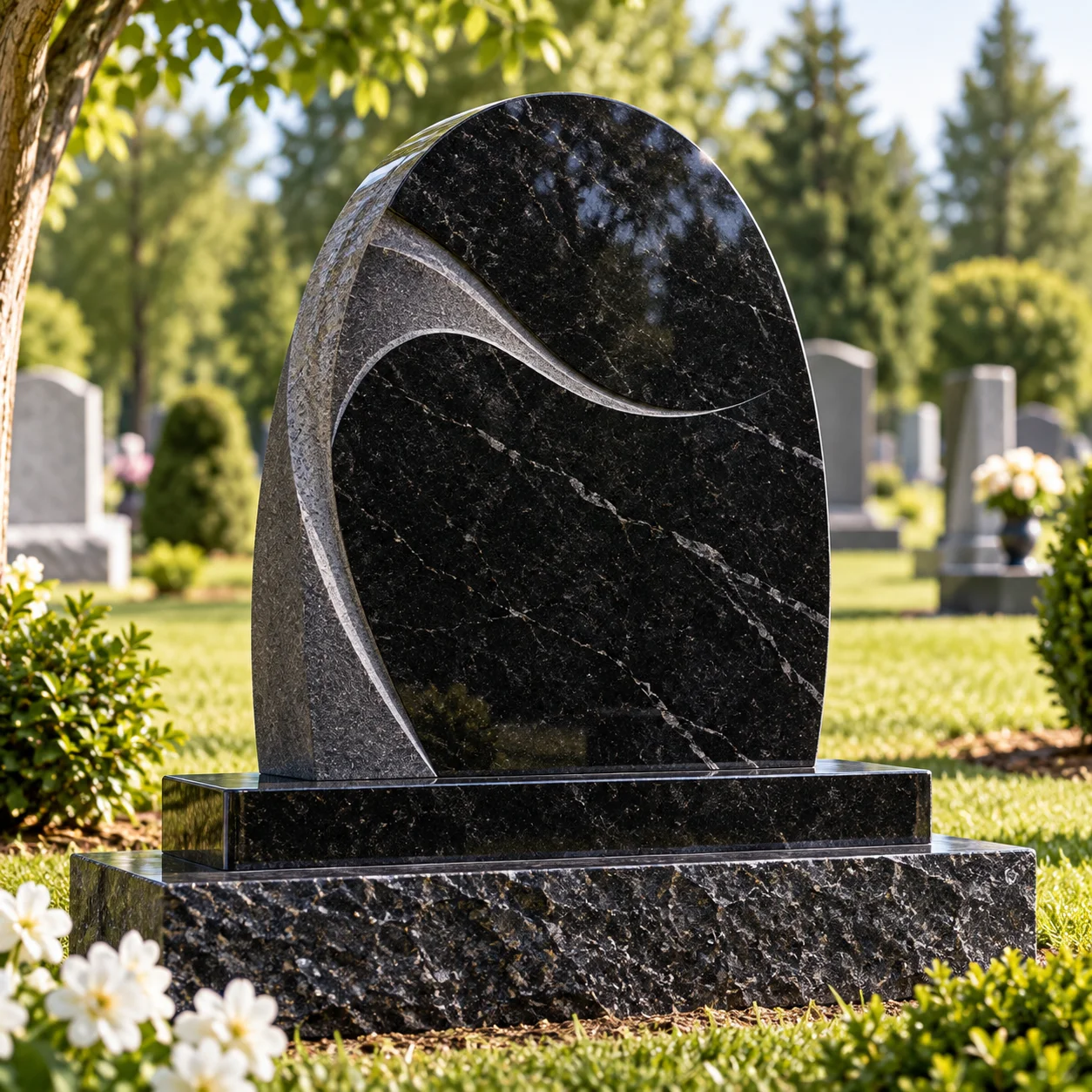 Sculpted granite memorial with a curved three-dimensional form