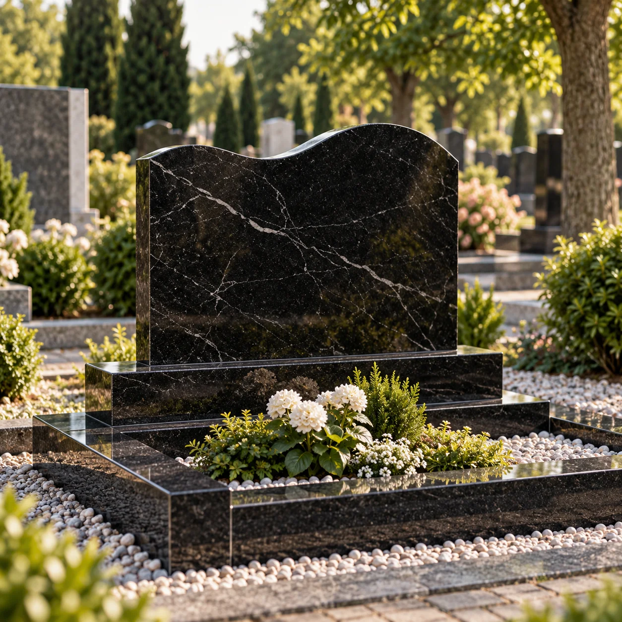 Serpentine top granite headstone with a wave-shaped head on a matching base