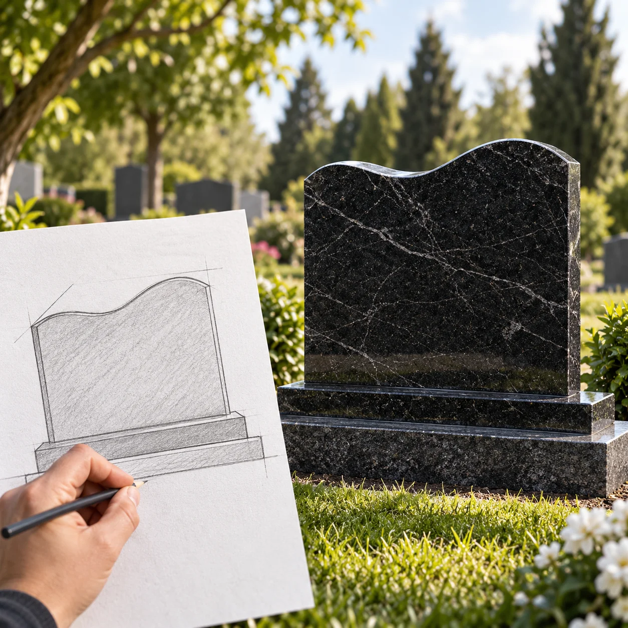 Bespoke granite memorial cut to a shape drawn by the customer